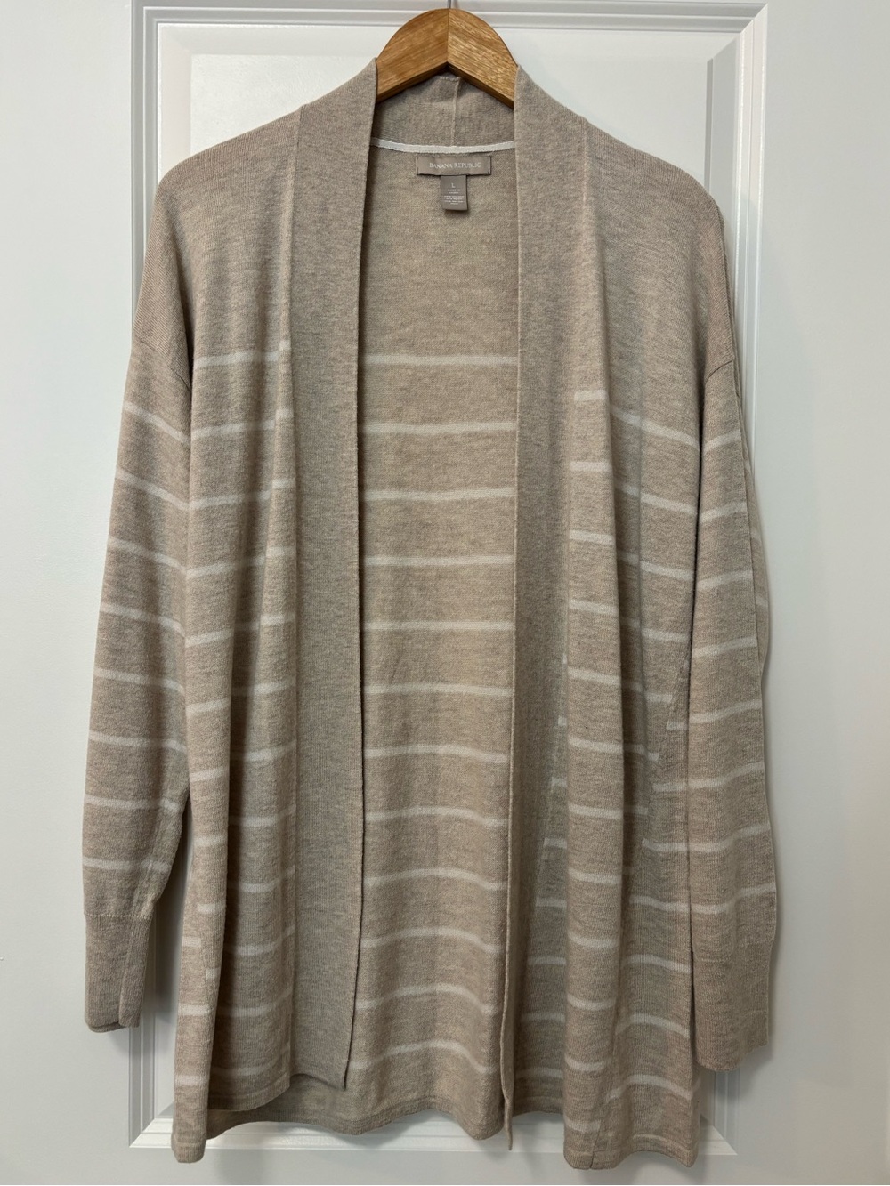 Banana Republic Tan Oatmeal Striped Open Front Cardigan Sweater, Size L